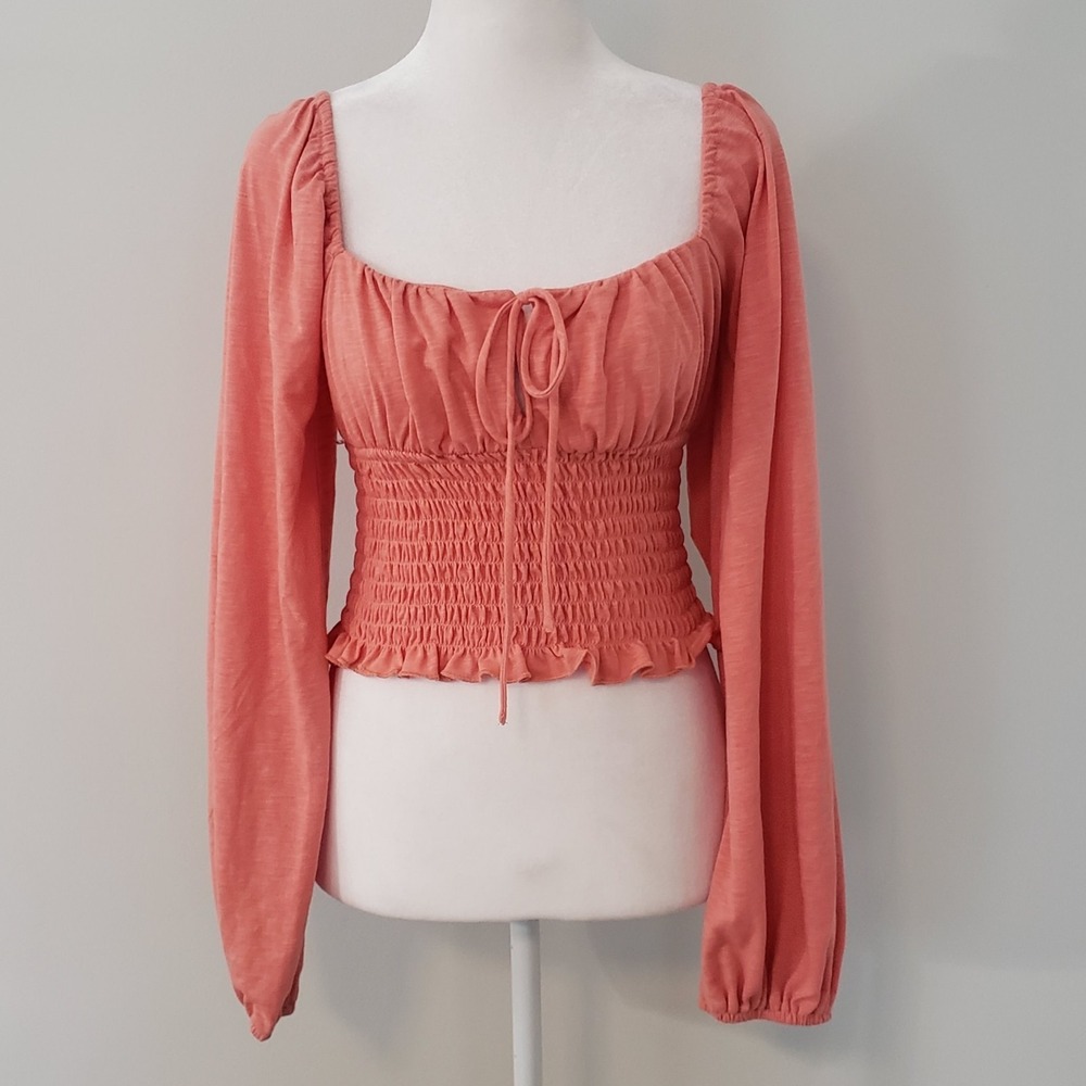 Forever 21 Boho Coquette Milk Maid Peasant Top Smocked Bow Festival Women Coral
